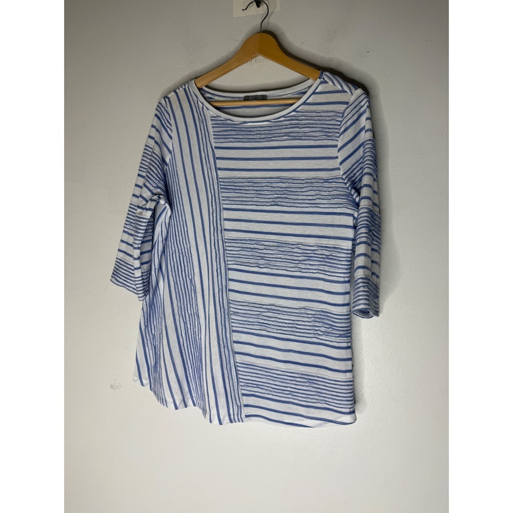 Habitat Clothes to Live In Blue White Striped Crinkle Top 3/4 Sleeve Size Medium